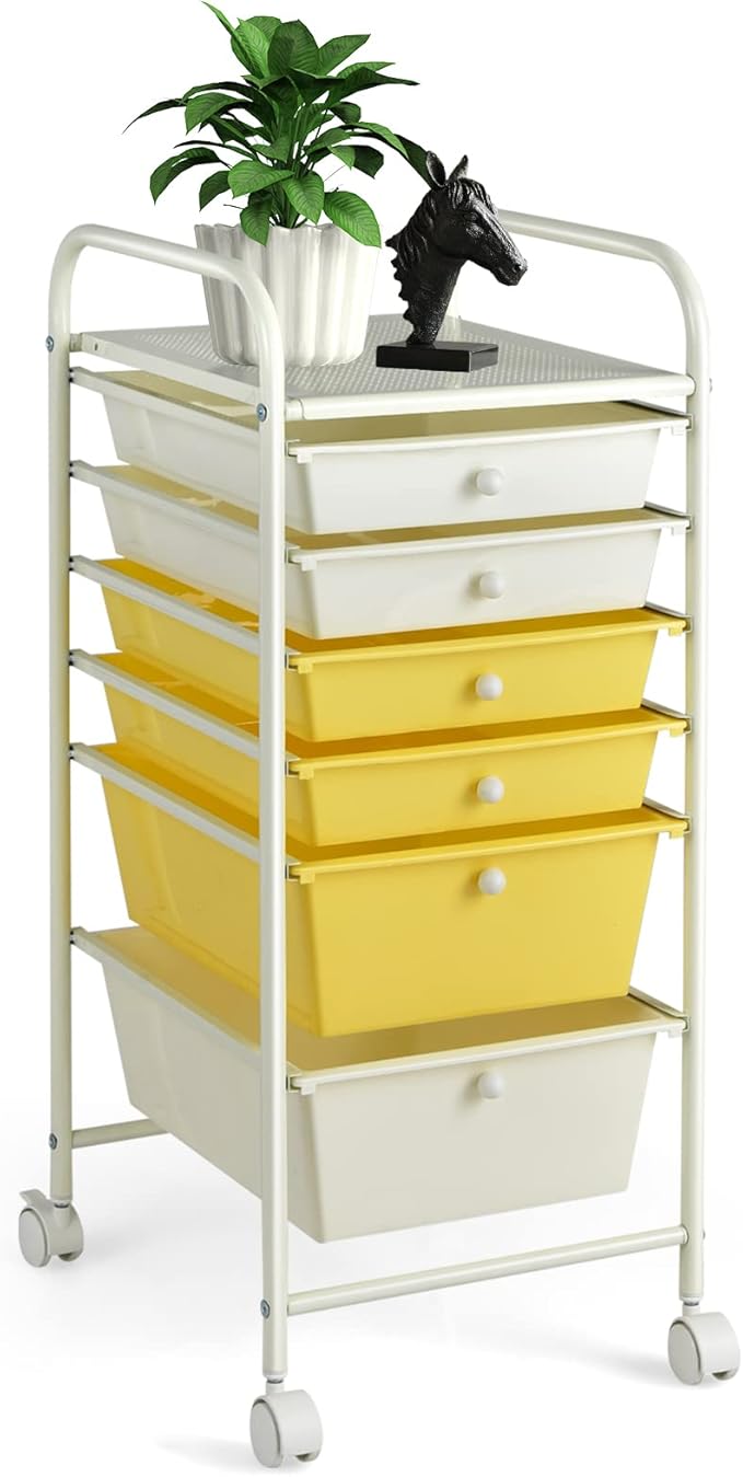 COSTWAY 6-Drawer Rolling Storage Cart, Multifunctional Art Craft Tools Organizer on Wheels, Heavy Duty Utility Mobile Storage Trolley w/ 2 Lockable Wheels for Home Office School (Yellow, Beige & Grey)
