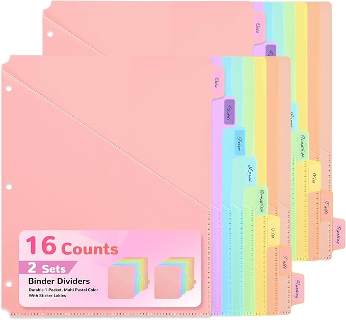 SUIN 8 Tab Binder Dividers with Pockets - Heavy Duty Plastic Dividers for 3 Ring Binder, Letter Size Poly Page Separators with Tabs & Label Stickers, Diamond Texture, 8 Pastel Colors, 2-Pack