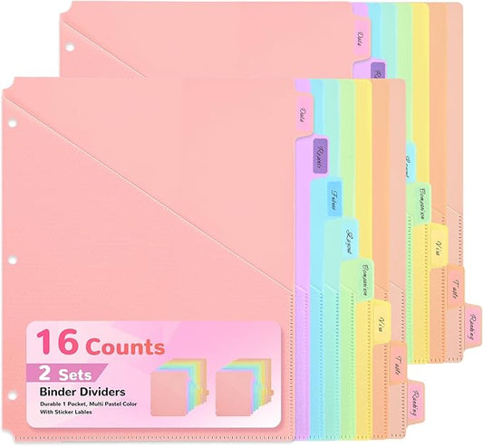 SUIN 8 Tab Binder Dividers with Pockets - Heavy Duty Plastic Dividers for 3 Ring Binder, Letter Size Poly Page Separators with Tabs & Label Stickers, Diamond Texture, 8 Pastel Colors, 2-Pack