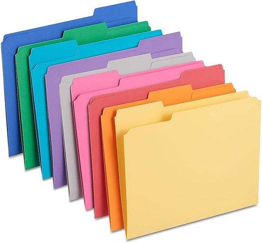 Staples Reinforced File Folders, Letter Size, 1/3‑Cut Tabs, Assorted Colors, Heavy‑Duty 10.5‑Point Stock, 100/Box