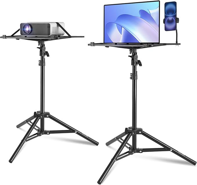 VEVOR Projector Stand, Laptop Stand Tripod Adjustable Height 26.97 to 63 in, Portable Projector Tripod with Tray & Gooseneck Phone Holder, for Outdoor Movies, Home, Office, Stage or Studio