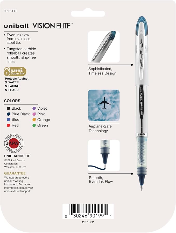 uni-ball® Vision™ Elite™ Liquid Ink Rollerball Pens, Bold Point, 0.8 mm, Black Barrel, Assorted Ink Colors, Pack Of 8