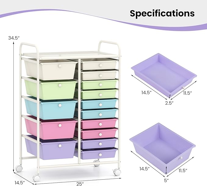 COSTWAY 15 Drawers Rolling Storage Cart, Multipurpose Utility Cart on Wheels w/Lockable Wheels & Removable Drawers, Mobile Tools Scrapbook Paper Organizer for Office School Home, Ice Cream Colorful