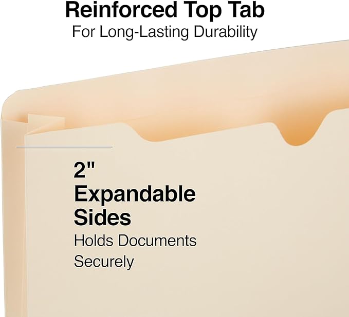 Staples Jacket File Folders, Letter Size, Manila, 2‑Inch Expandable Sides, Heavy‑Duty Construction – 50/Pack