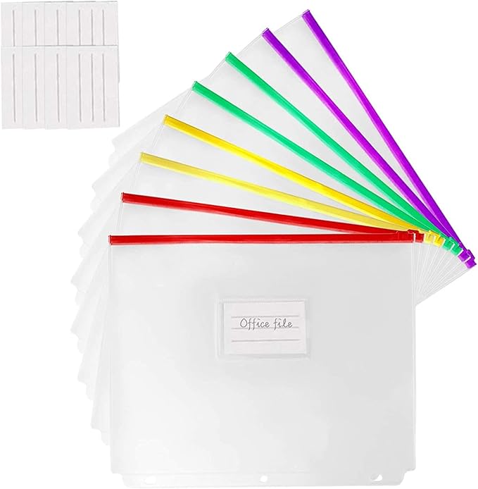 YoeeJob 8 Packs 3-Hole Clear Zipper Binder Pockets, Binder Insert Pages with Card Slots Suitable for School or Office to Organize Document, Assorted Color Zippers