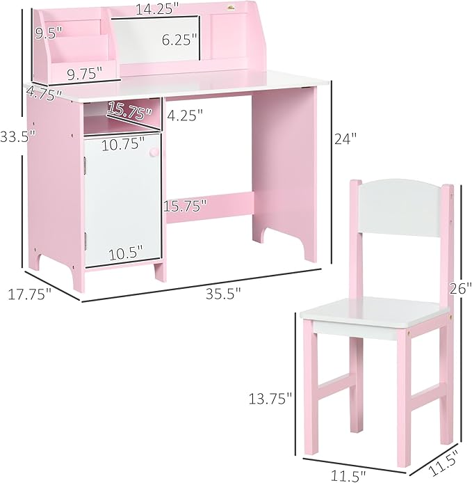 Qaba Toddler Desk and Chair Set, Kids Writing Desk Study Table for Children with Whiteboard, Storage Cabinet, Child Furniture, Art Gifts for Kids, Pink