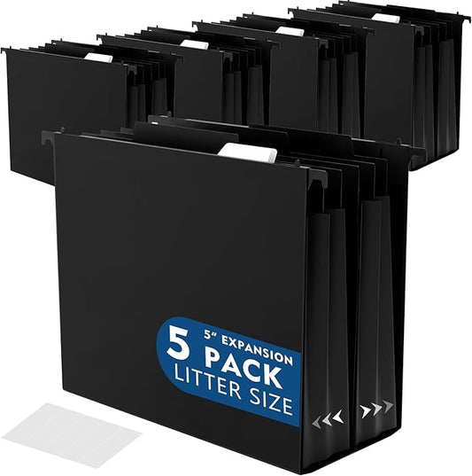 5 Pcs Plastic Extra Capacity Hanging File Folders, 5 Inch Expanding Pocket with Movable Dividers, Letter Size Black File Folders with Insertable Tabs for Filing Cabinet