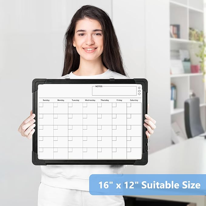 Small Calendar Dry Erase Whiteboard for Wall, 16" x 12" Magnetic Dry Erase Board, Double-Sided Hanging Monthly White Board Calendar for Drawing, Kitchen, Planning, Memo, Home, Office（ Black）