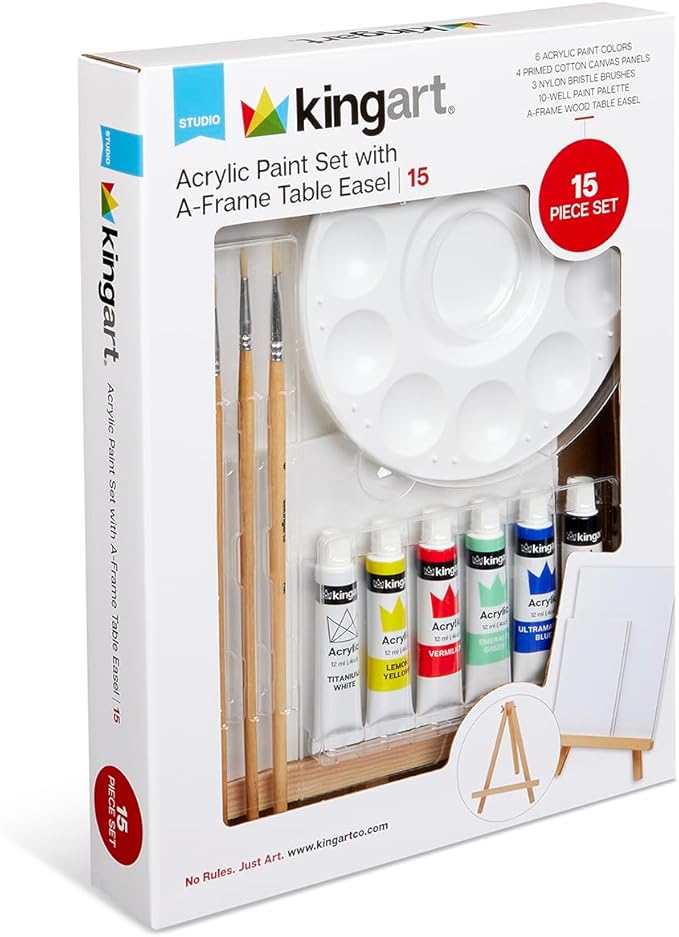 KINGART 15-Piece Artist Painting Set with 6 Vivid Acrylic Paint Colors, 12" Easel, 4 Canvas Panels, 3 Brushes, Painting Palette - School, Students, Adults, Gift Giving