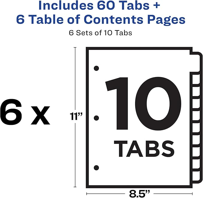 Avery Dividers for 3 Ring Binders, 10 Tabs per Set, Customizable Table of Contents, Classic White Tabs, Great for Organizing Reports, Projects, and More (6 Sets of 11823)
