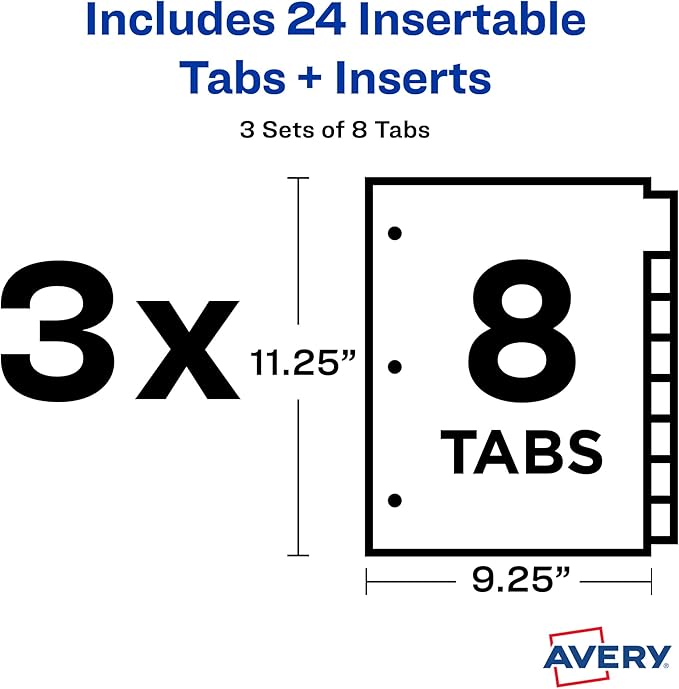 Avery Dividers for 3 Ring Binders, 8-Tab Sets, Two-Pocket Plastic Binder Dividers with Tabs, Multicolor, 3 Sets (71907)