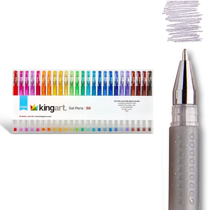 KINGART Glitter Rollerball Gel Pens, 50 Sparkling Colors with Soft-Grip Comfort, XL Ink Cartridge - More Ink, Great for All Ages, Writing, Coloring, Doodling, Scrapbooking, Journaling & More