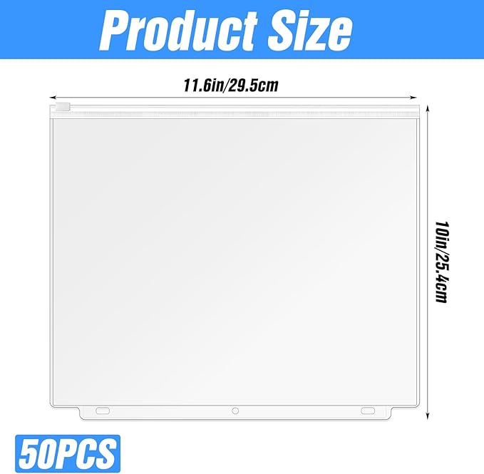 50 Pcs 3-Hole Binder Zipper Pockets, 11.6 x 10 Inches, PVC Waterproof Loose Leaf Document Organizer for Office Business Supplies, Clear, A4