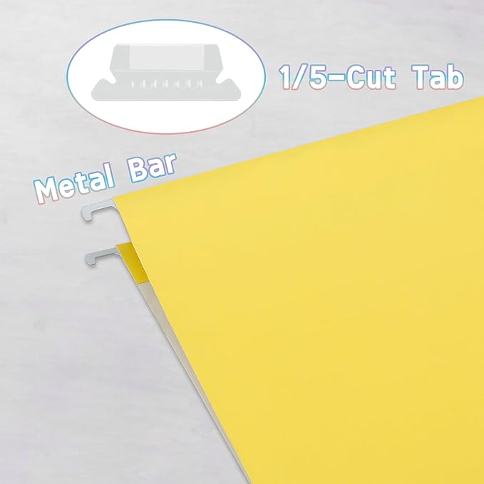25 Packs Hanging File Folders with 1/5-cut Tab,Letter Size File Folders Yellow for Filing Cabinet,Ideal Office,School Classroom Supplies