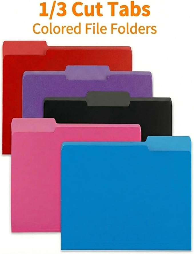 100 Packs Colored File Folders,1/3-Cut Tabs,Assorted Color Letter Size File Folder,8.5x11 File Folders for Office,School and Home,Organizer File Folder(Black,Blue,Red,Pink,Purple)