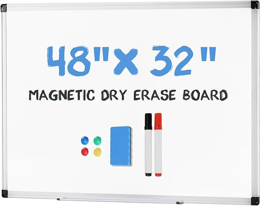 OLIXIS Magnetic White Board, Dry Erase Board for Wall 32" x 48", Whiteboard with 1 Dry Eraser & 2 Multicolor Markers & 4 Magnetic Pins, Aluminium Frame for School, Office, White
