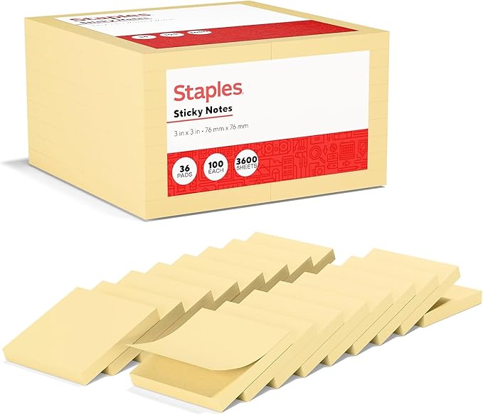 Staples Sticky Notes, 3" x 3", Assorted Colors, 3600 Sheets – Standard Self‑Stick Notes for Messages, Reminders & Planning