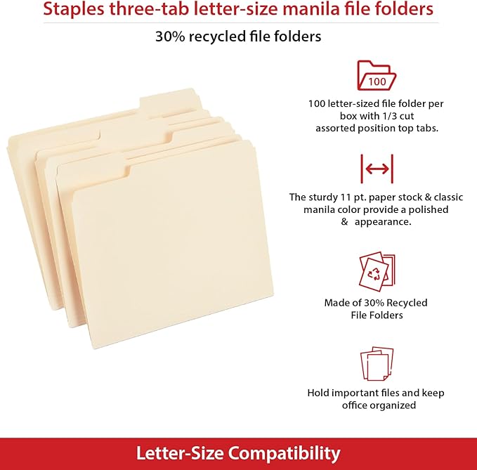 Staples File Folders, Letter Size, 1/3‑Cut Tabs, Assorted Positions, Manila, Durable Paper Stock, 100/Pack
