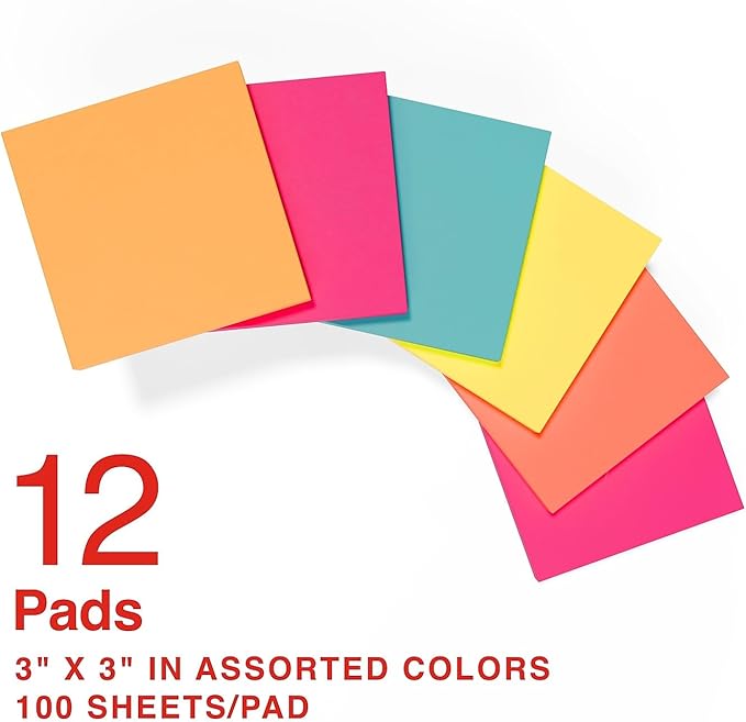 Staples Sticky Notes, 3" x 3", Bright Colors, 1200 Sheets – Vibrant Self‑Stick Notes for Reminders, Planning & Collaboration