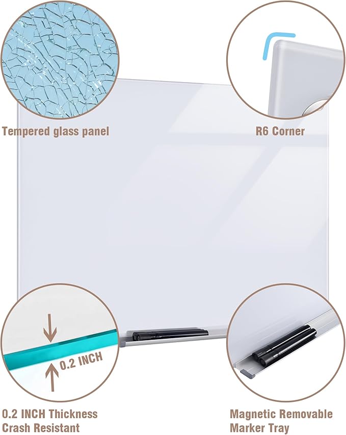 Mifuro Magnetic Glass Whiteboard，60"x48" Wall Mounted Frameless Dry Erase Board for Office, Home & School Ultra White