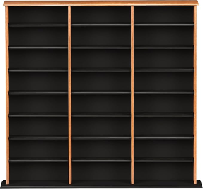 Prepac 3 Column Tall Storage Cabinet, Cherry & Black Storage Cabinet with 21 Adjustable Shelves Display DVD Perfect for Living Room, 8.75" D x 56" W x 51" H