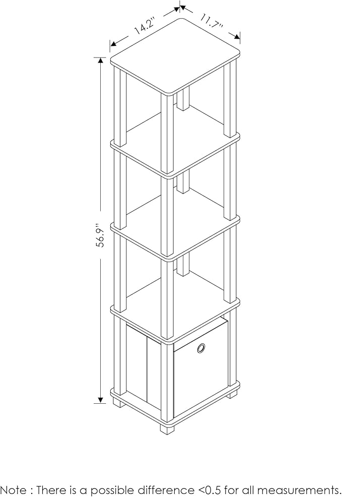 Furinno Turn-N-Tube Book Shelf, 5-Tier Square Open Frame Display Shelf, Corner Storage Shelves with Storage Bin, Shelving Unit, for Organization and Storage, Living Room, Garage, Home Office, Black
