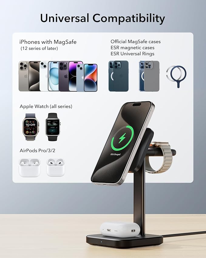ESR 3 in 1 Wireless Charging Station for Apple[Certified] Portable Apple Watch Charger & MagSafe Charger Stand, Wireless Charger for Multiple Devices iPhone 17/16/15/14/13/12&Watch&AirPods, Black