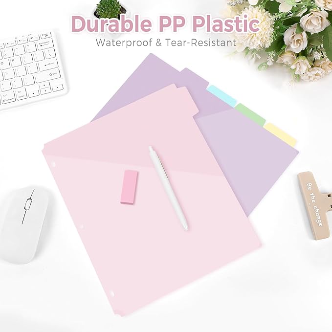 SKYDUE Binder Dividers with Tabs and Pockets – 5-Pack for 3-Ring Binders, Writable Tabs, Durable & Tear-Resistant, Pink