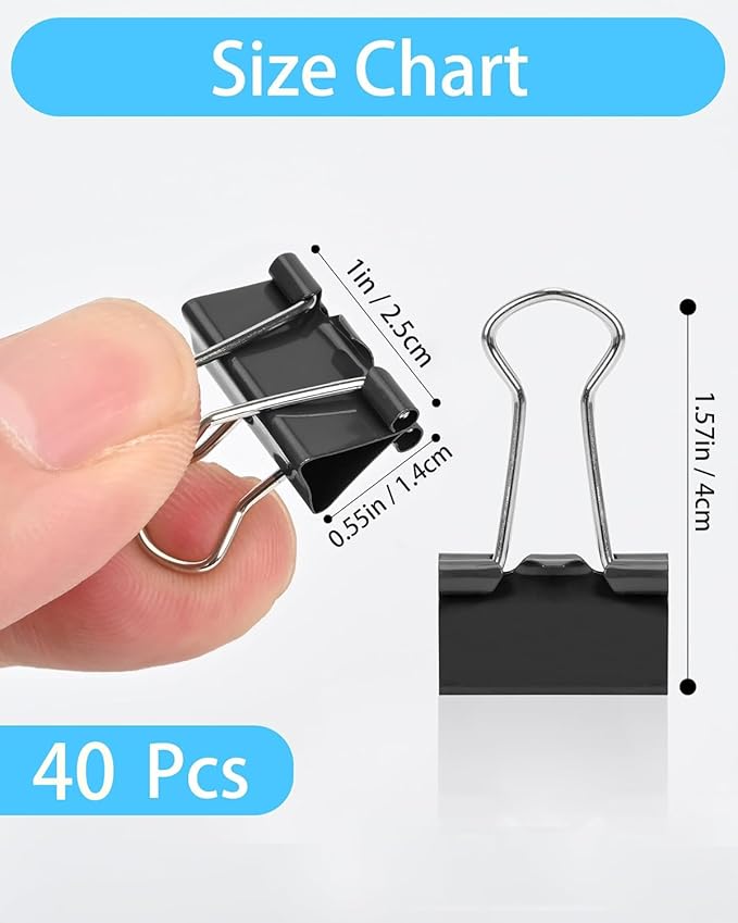 CUARUSUIKA Binder Clips Set,40Pack, 1 in Small Clip, Paper Clips for Office, Home, School, Crafts, Business(Black)