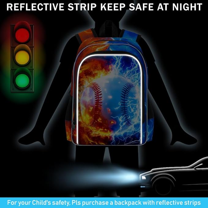 gxtvo 3PCS Boys Baseball Backpack, 17" Kids Bookbag with Lunch Box, Water Resistant Middle Elementary School Bag - Fire & Lightning Baseball