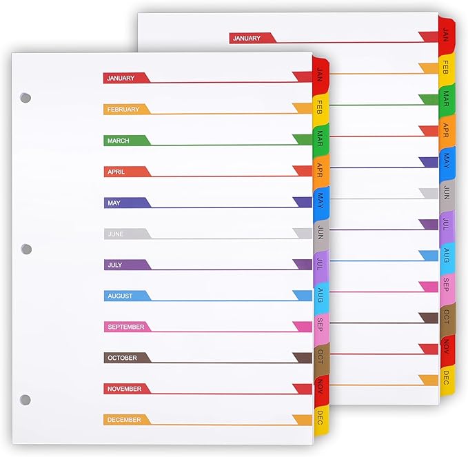 Monthly Binder Dividers for 3 Ring Binder, COIDEA Jan-Dec Dividers for 3 Ring Binder, 12 Tabs Multicolor Month Binder Dividers with Customizable Table of Contents Page for School Office Organizing