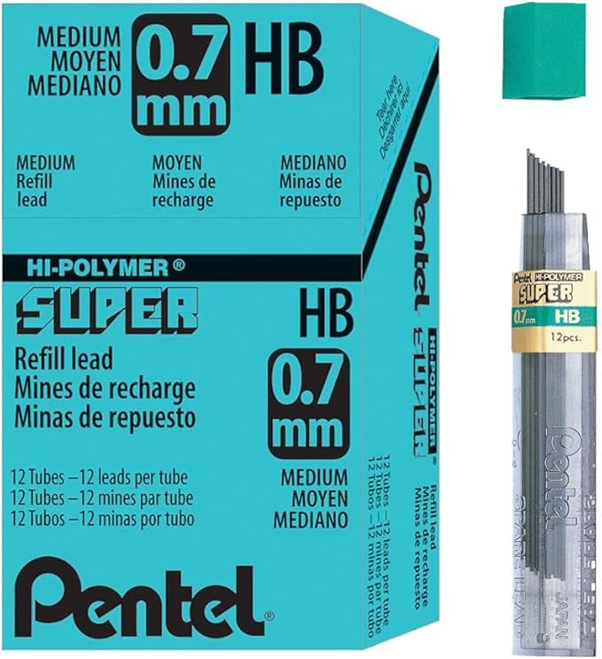 Pentel Super Hi-Polymer Leads, 0.7 mm, HB, Medium, Black, 12 Tubes of Lead, 144 Pieces of Lead (50-HB)