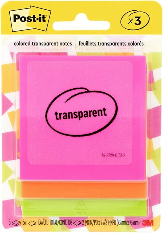 Post-it Transparent Notes Notes, 2.8-inch x 2.8-inch, Assorted Collection, 30 Sheet/Pad, 3 Pads/Pack (600-3COL)