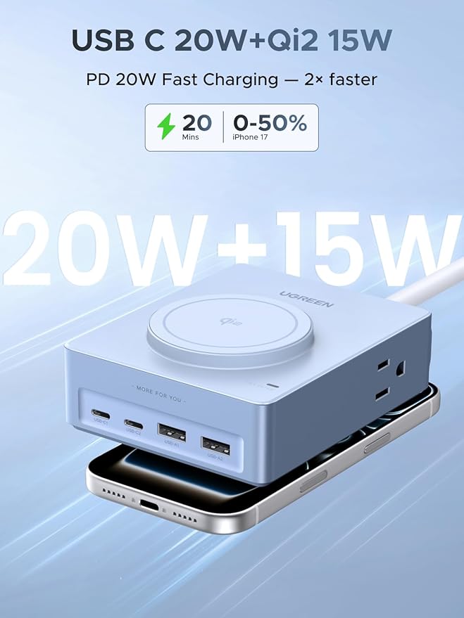 UGREEN Power Strip Surge Protector with 4 Power Outlets, 15w Wireless Charger, 20W PD3.0 USB C Fast Charging, 2 USB-C Ports, 2 USB A Ports, Desk Charging Station for Office, Conference, Home Use