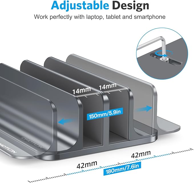 OMOTON Vertical Laptop Stand [Updated Double Version], Desktop Aluminum MacBook Stand with Adjustable Dock Size, Fits All MacBook, Surface, Chrome Book and Gaming Laptops (Up to 17.3 inch) (Grey)