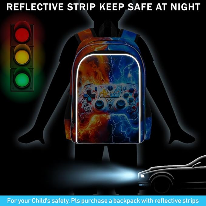gxtvo 3PCS Kids Game Bookbag, 17" Boys Backpack with Lunch Box, Water Resistant Middle Elementary School Bag - Fire & Lightning Game