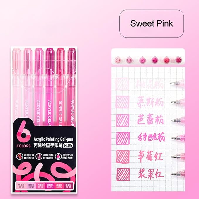 Acrylic Gel Pens for Coloring Books, Quick Dry 6 Pcs 1.0mm Fine Point Gel Marker Pen for Drawing, Journaling Art, Sweet Pink