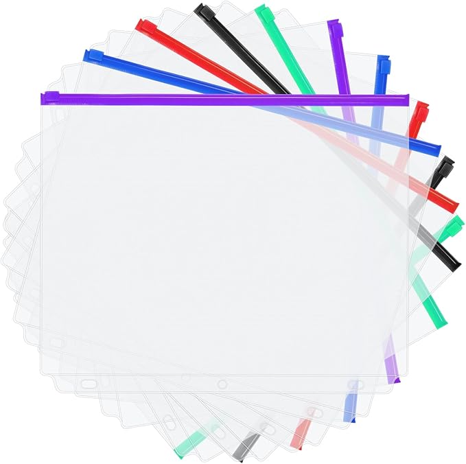 YoeeJob 3 Holes Clear PVC Zipper Binder Pocket Insert Pages Letter Size, 8 1/2" x 11 Loose Leaf Binder Filing Storage Bags 15 Packs (5 Color)