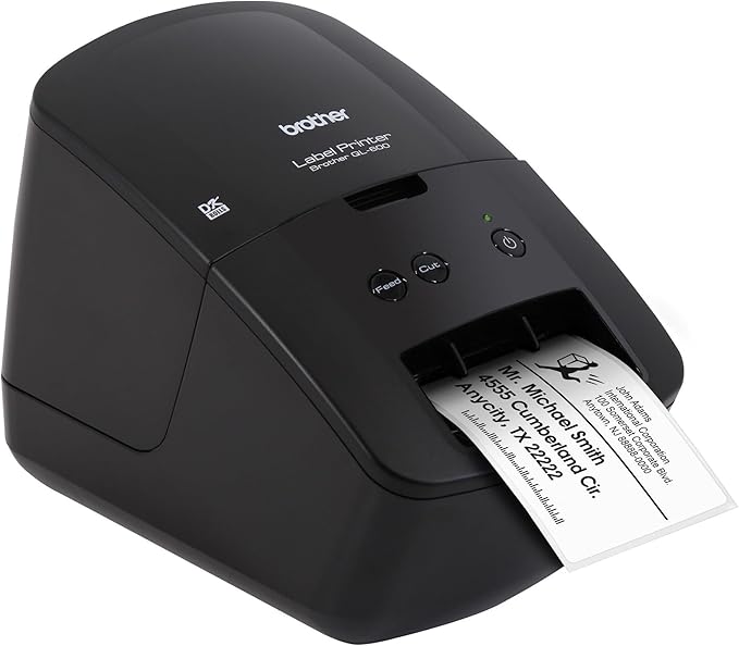 Brother QL-600 Desktop Monochrome Label Printer, up to 2.4" Label Width, No Ink Required, uses Brother Genuine DK Drop-in Rolls for Fast Labeling and Easy Integration with Microsoft Applications