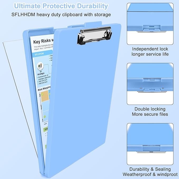 SFLHHDM Clipboard with Storage,Heavy Duty Clip Boards 8.5x11 with 2 Storage Case,Clear Visible Panel Storage Clipboards,Side Opening Nursing Clipboard Folder for Office Supplies-Lake Blue