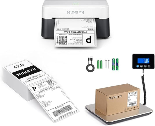 MUNBYN RW403B Bluetooth Thermal Label Printer+4"x6" Direct Thermal Shipping Labels+IPS03 440lb for Postal Scale