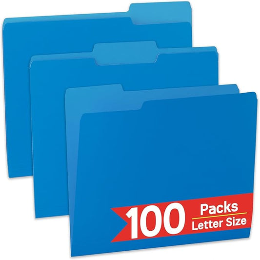100 Packs Blue File Folder,1/3-Cut Tabs,File Folders Letter Size,8.5x11 Inch File Folders for Office,School and Home,Organizer Documents