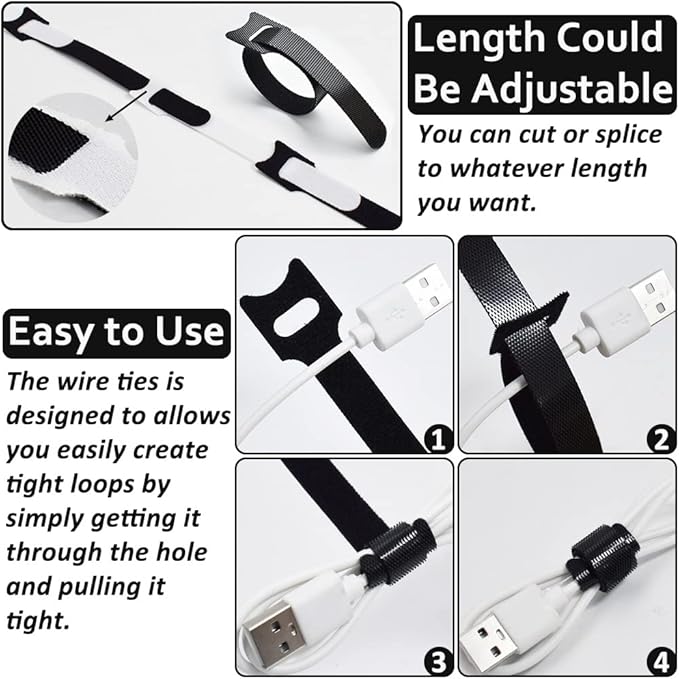 70pcs Cable Ties Reusable Black Wire Ties Cable Management Cord Ties Reusable for Electronics Hook and Loop Cable Ties for Computer 4 6 8 Inch