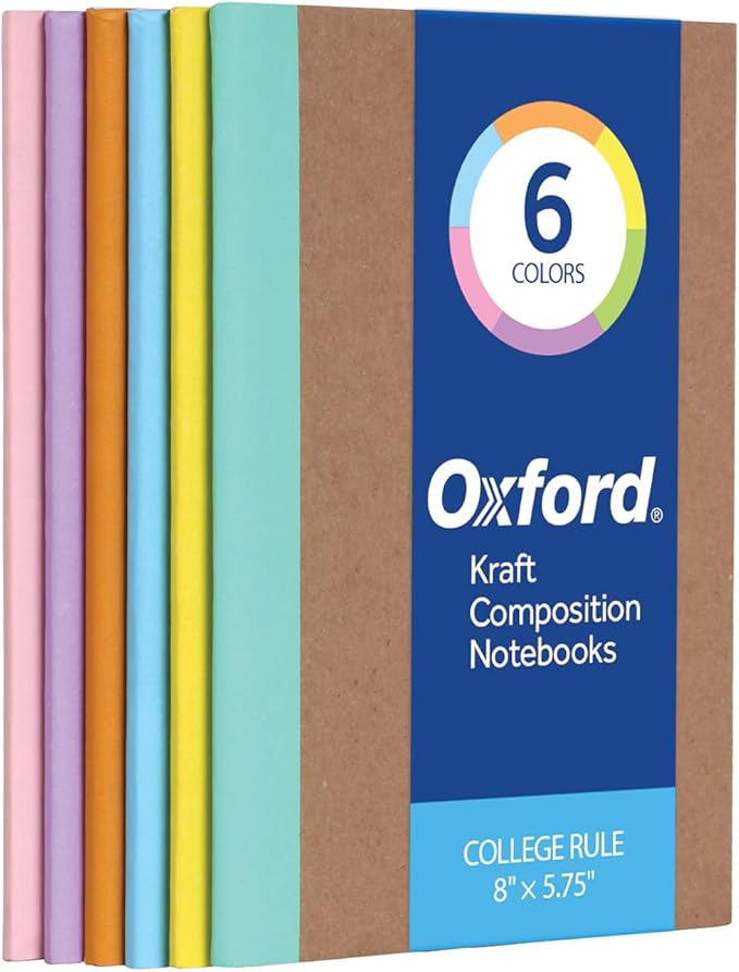 Oxford Composition Notebook 6 Pack, Notebooks for School, School Supplies, College Ruled Paper, 5.75 x 8 Inches, Small Journals, 60 Sheets, Kraft Covers with Assorted Pastel Spines (63832)