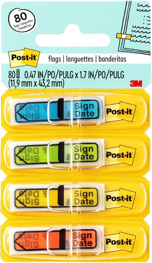 Post-it Message Flags, Sign and Date, 30/Dispenser, 4 Dispensers/Pack, .47 in Wide, Assorted Colors (684-SD)