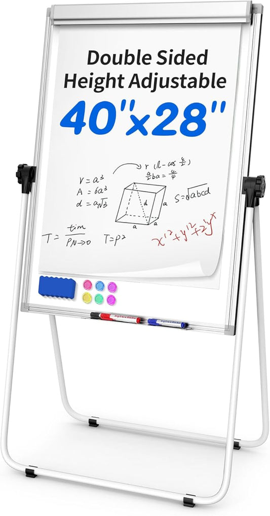 U-Stand Double Sided 40" x 28" Magnetic Dry Erase Easel, Height Adjustable & 360° Rotating Whiteboard with 1 Eraser, 6 Magnets and Paper Pads