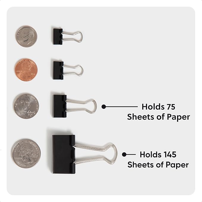 U Brands Binder Clips, Assorted Sizes, Small 3/4-Inch Width and 1/3-Inch Paper Holding Capacity, Medium 1-1/4-Inch Width and 1/2-Inch Paper Holding Capacity, Black and Silver Steel, 80-Count