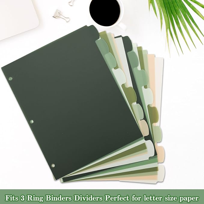 Whaline 16 Pcs/ 2 Set Sage Green 3 Ring Binder Dividers Colorful Index Dividers Plastic Page Folder Divider Sheets Protectors for Notebook Home Office Classroom Supplies