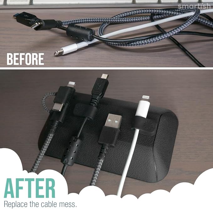Smartish® Magnetic Cord Holder - Bigger Cable Wrangler Organizer with Magnet Clips for Charger Management on Desktop, Nightstand - Holds 6+ Cables - Black Tie Affair