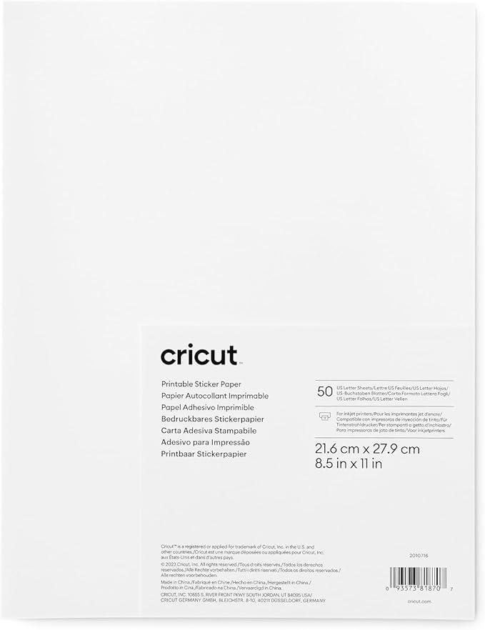 Cricut Printable Sticker Paper for Inkjet Printer - 50 count, US Letter Size (8.5in x 11in) - White - Make Custom Stickers, Personalized Decor, Labels, & More